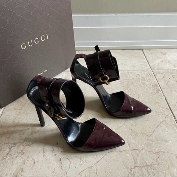 *RARE* Authentic Gucci Burgundy Patent Leather Ursula Ankle Strap Pumps - Picture 3 of 10
